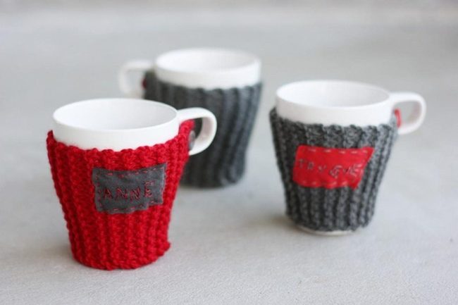 Gray And Red Knitted Mug Cozies