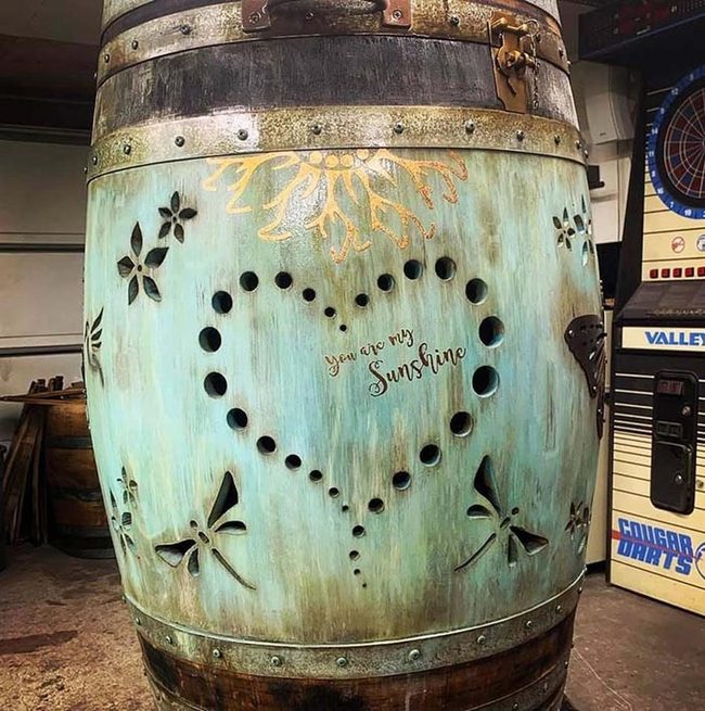 Painted Wine Barrel Garden Art