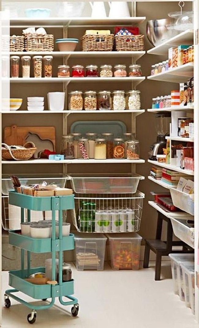 White Walls, Labeled Jars, Teal Cart