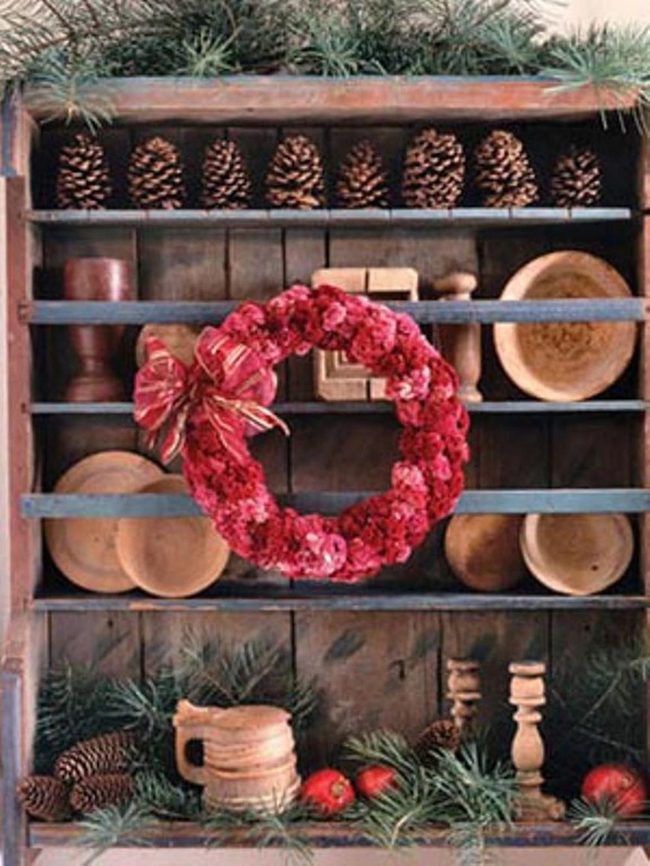 Brown Pinecones, Red Festive Accents