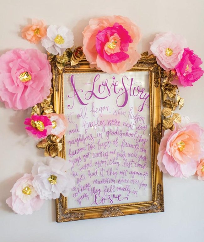Pink Paper Blooms Gold Letters