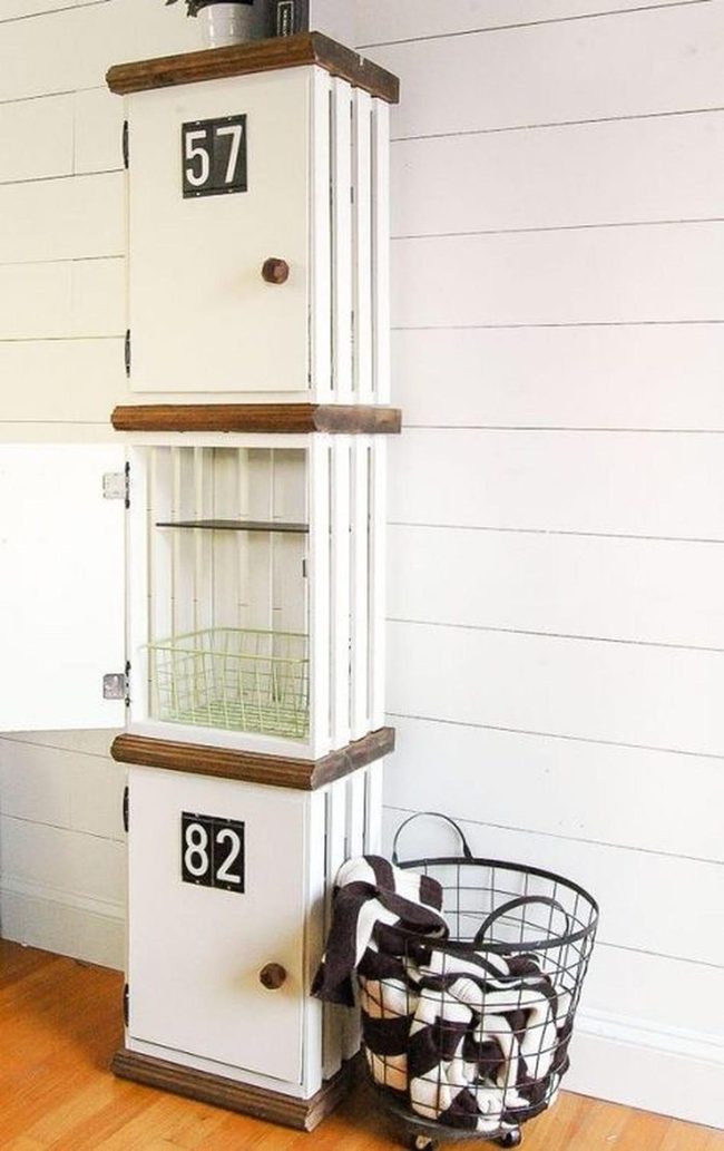 White Cabinet, Black Numbers, Green Basket