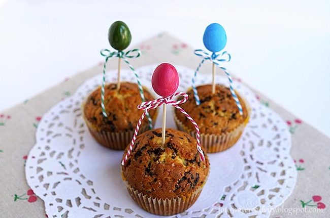 Chocolate Muffins With Colorful Egg Toppers