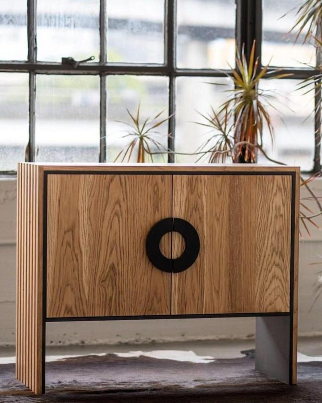 Fluted Oak Credenza With Black Trim