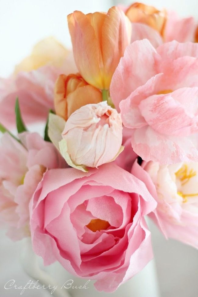 Pink Tulips, Peach Blossoms, White Ceramic