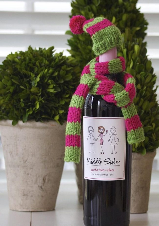 Wine Bottles In Striped Green Pink Hats
