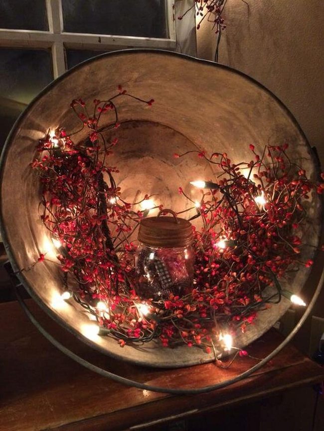 Weathered Metal Buckets With Fairy Lights