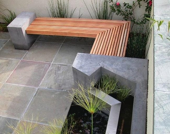 Concrete Garden With Wood Bench