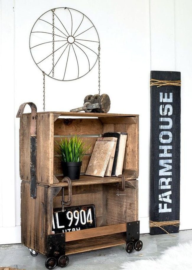 Weathered Wood Shelves With Metal Wheels