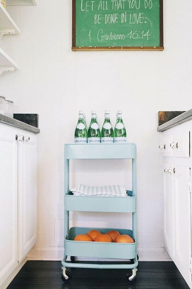 White Cabinetry Blue Cart Contrast