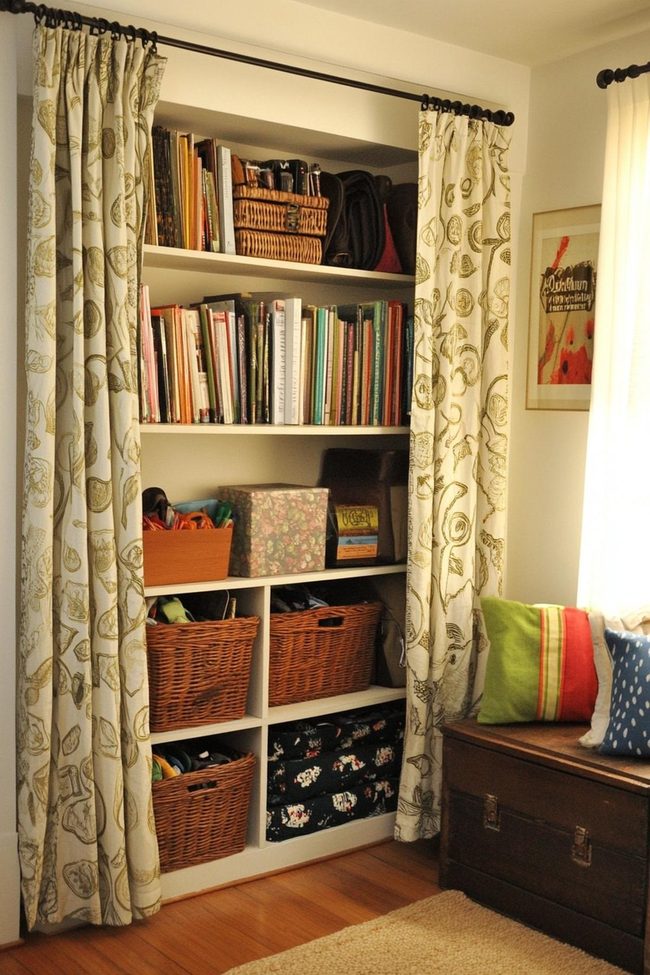 Fabric-Concealed Storage Behind Tension Rods