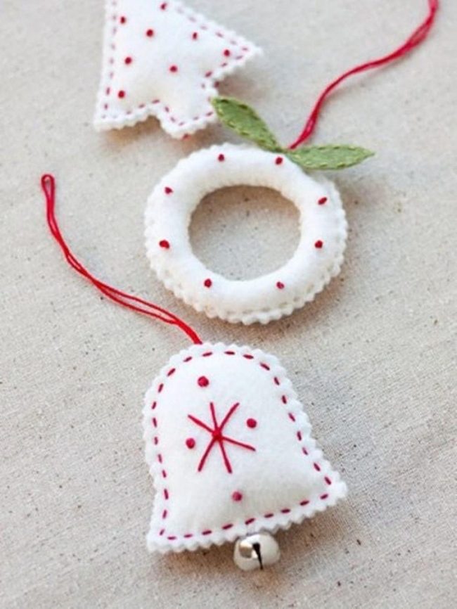 White Felt Ornaments Red Stitching