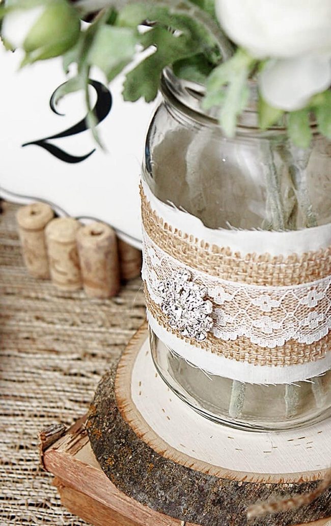 Lace And Burlap Mason Jars