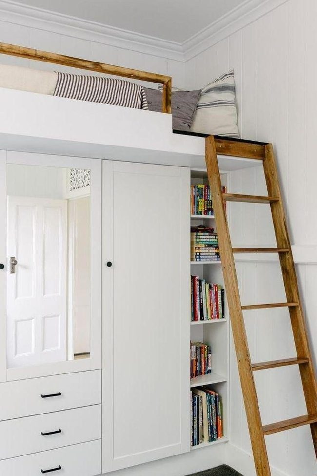 White Wardrobe With Overhead Loft Bed