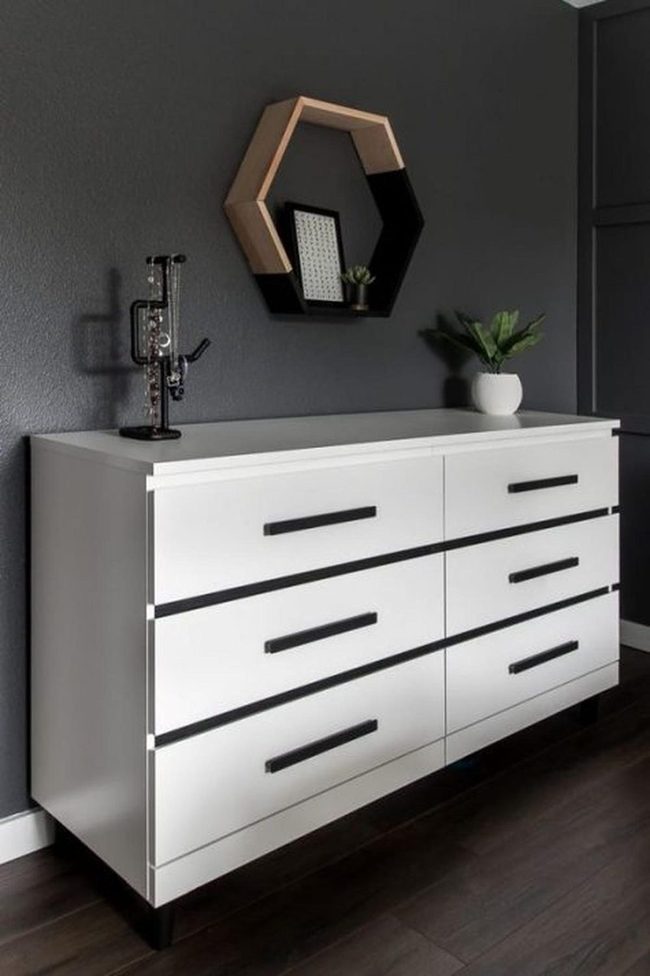 White Dresser, Dark Walls, Black Handles