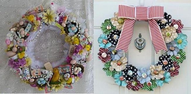 Striped Bow Fabric Flowers Wreath