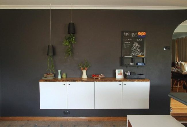 Dark Walls, White Cabinets, Wood Warmth