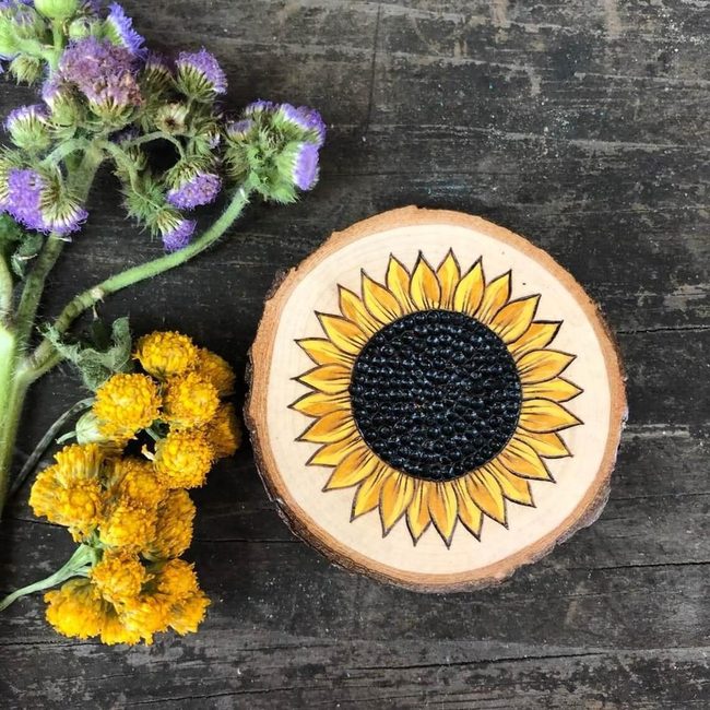 Sunflower Burned Wood Magnets