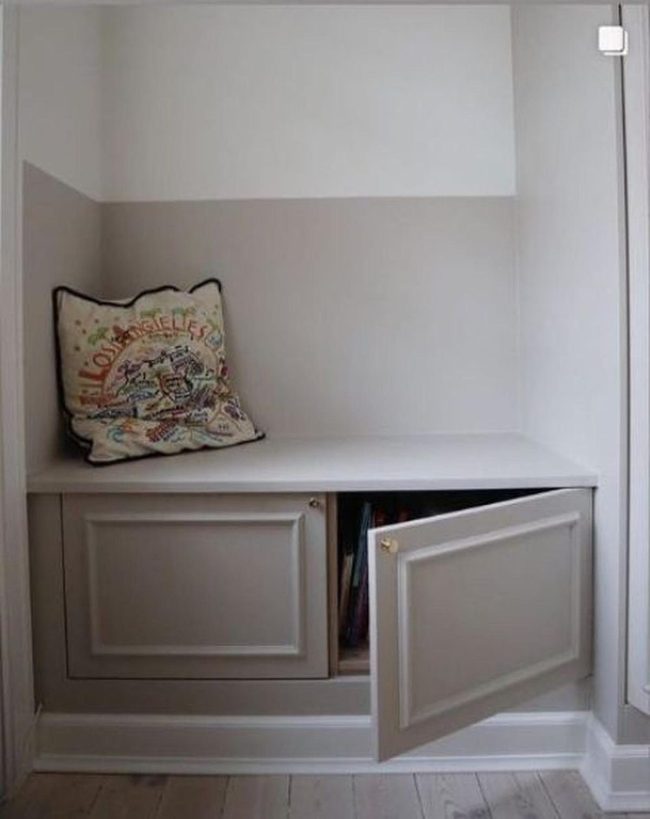 Light Gray Cabinet With Brass Hardware