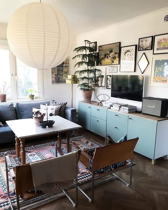 Light Blue Cabinets, Patterned Rug