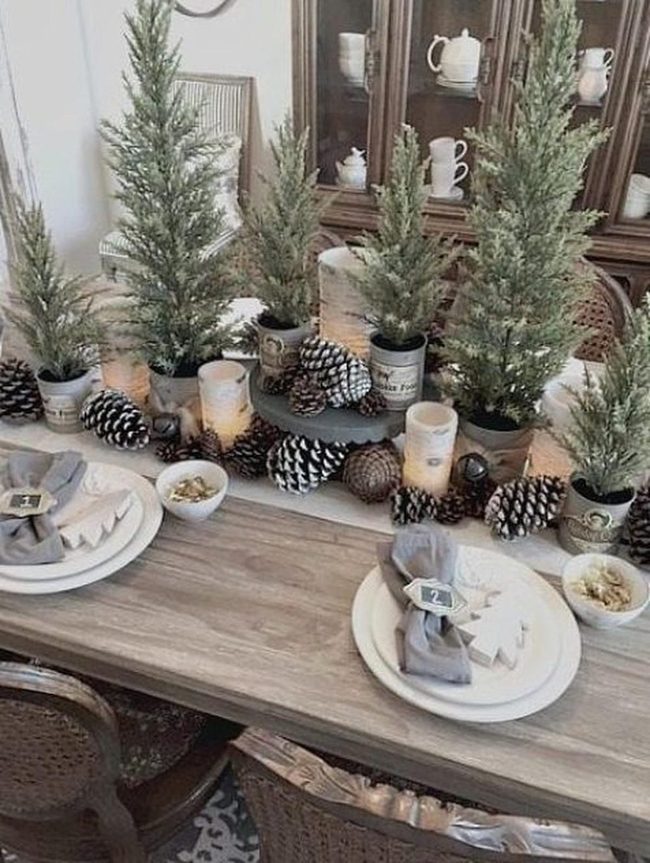 Natural Wood Table With Pine Greenery