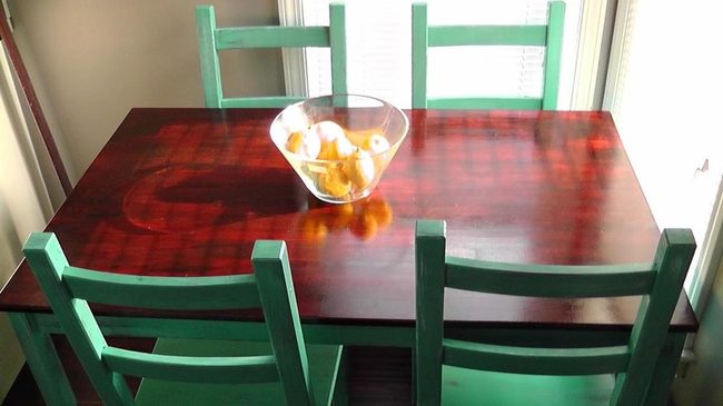 Dark Wood Table, Emerald Chairs