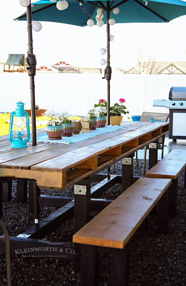 Blue Umbrellas, Wooden Tables, Gathering Space