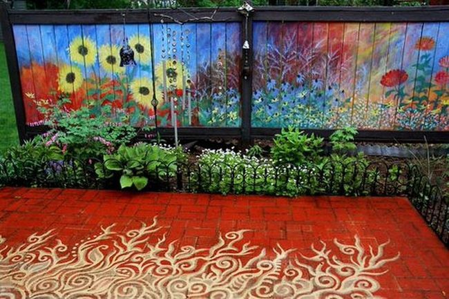 Painted Flowers On Wood Fence