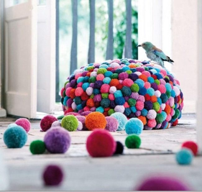 Colorful Ball Poufs And Birch Wood