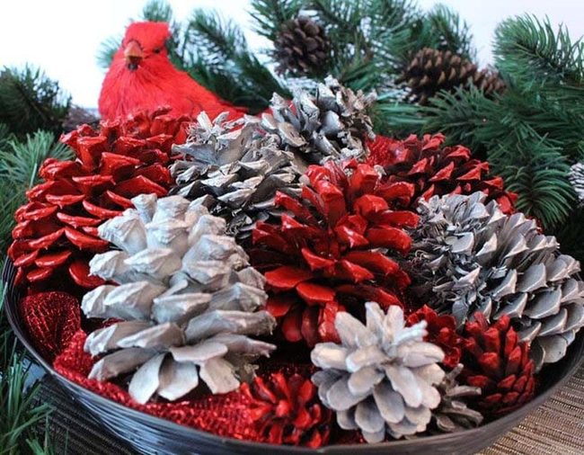 Red Pinecones In Mesh Bowl