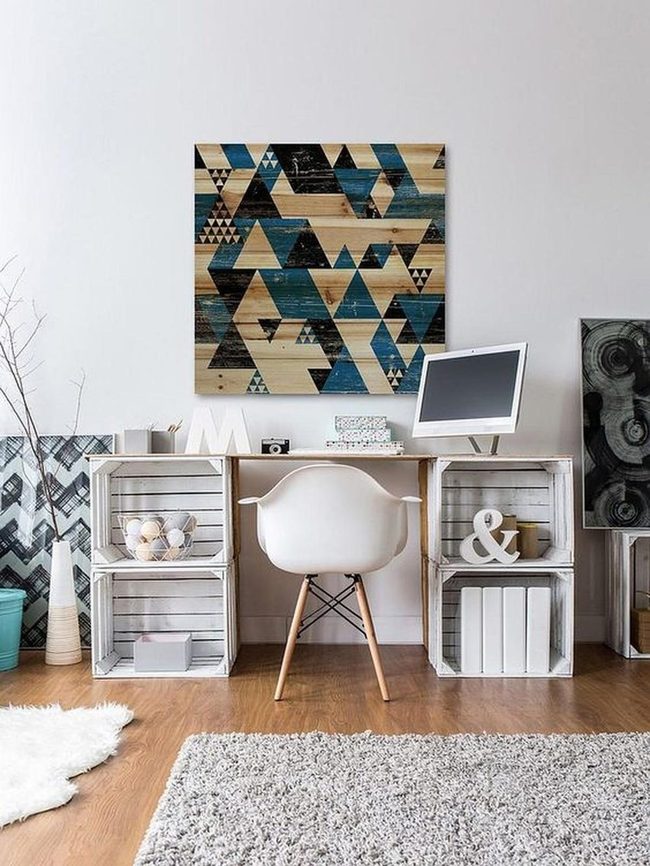 Blue Geometry Meets Wood Warmth