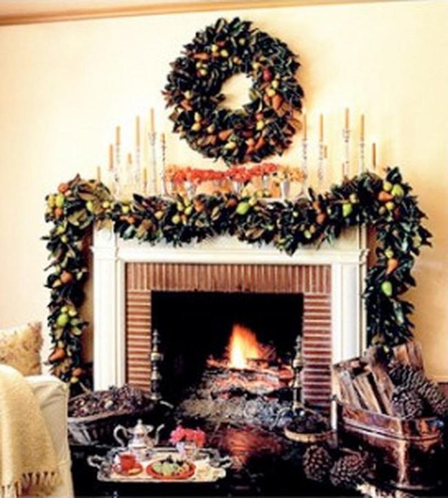 Brick Fireplace, Red Berry Garlands