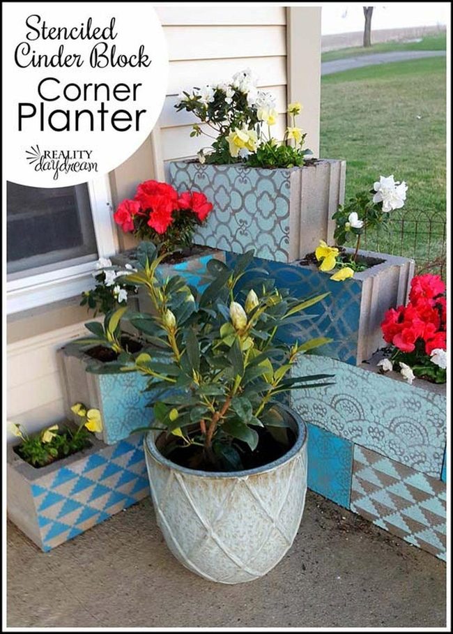 Blue Stenciled Corner Planter