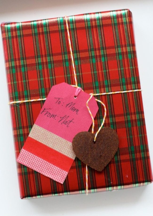 Red Plaid Gift With Heart Ornaments