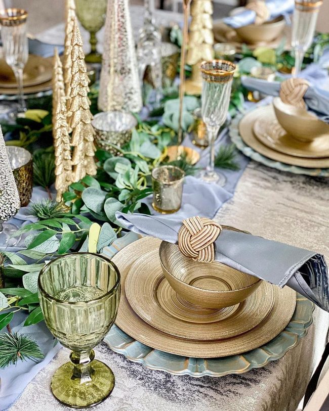 Gold, Green, And Glass Tablescape
