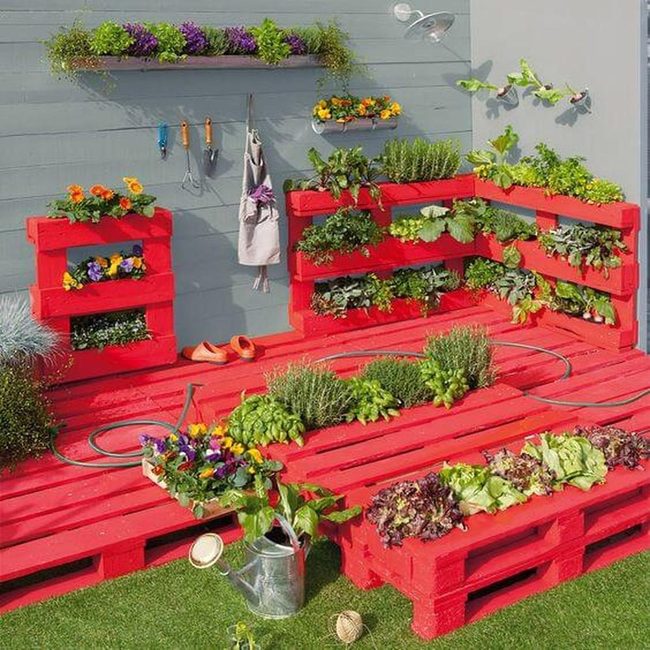 Red Pallet Planters With Mixed Herbs