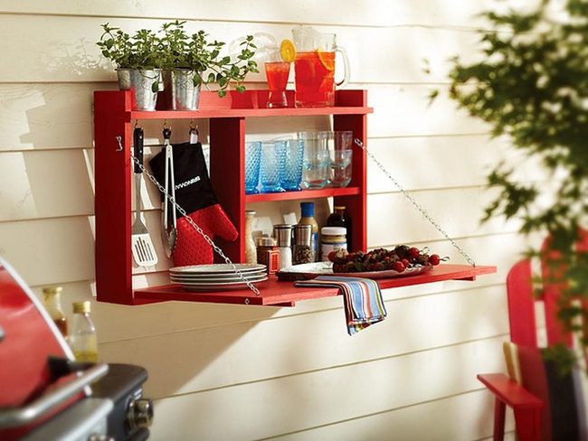 Red Shelves, Fresh Herbs, Small Space