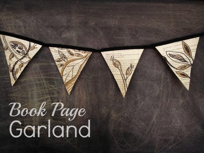 Vintage Book Page Bunting With Botanical Leaves