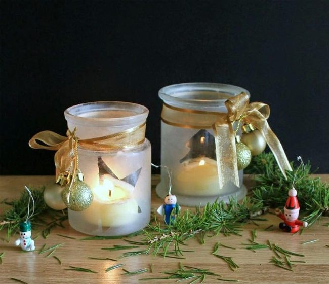 Frosted Glass Candles Gold Ribbons