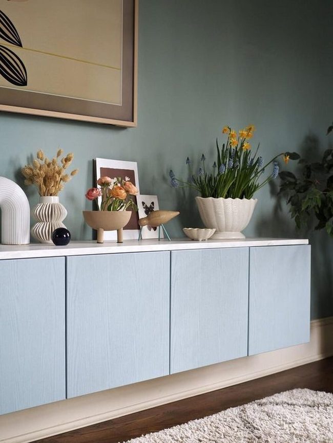 Pale Blue Cabinets, Green Walls
