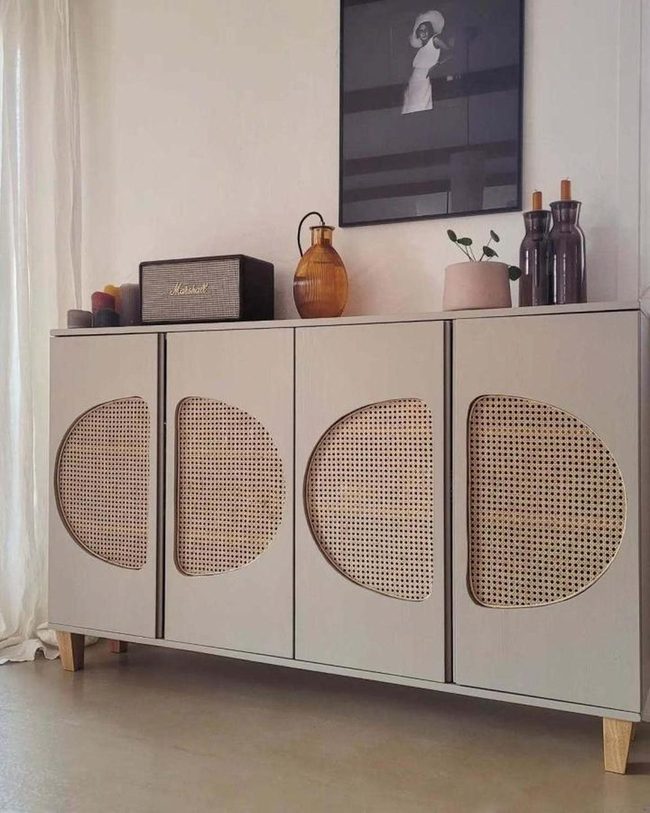 Beige Cabinet With Curved Cane Circles