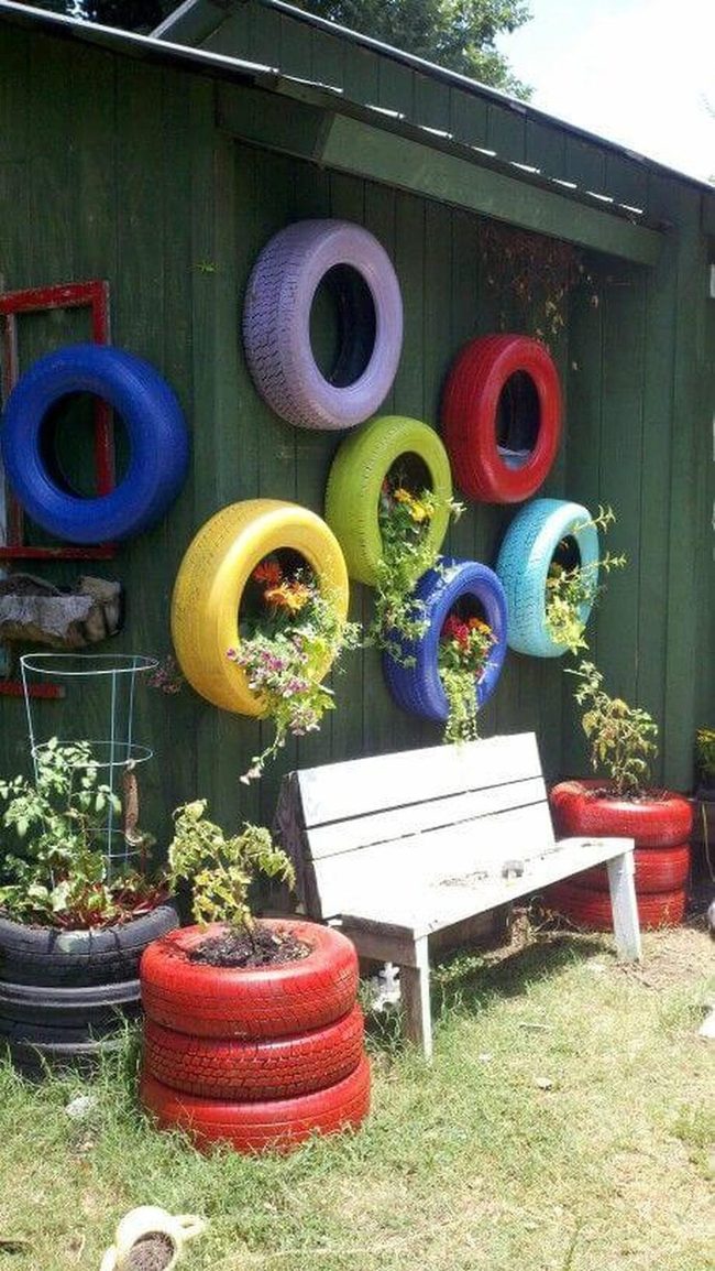 Stacked Tire Planters In Rainbow