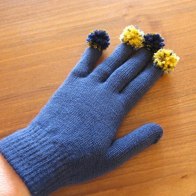 Blue Knit Gloves With Pom-Poms