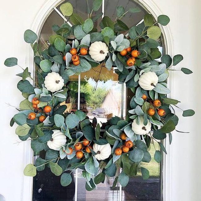 White Pumpkins Green Wreath Autumn