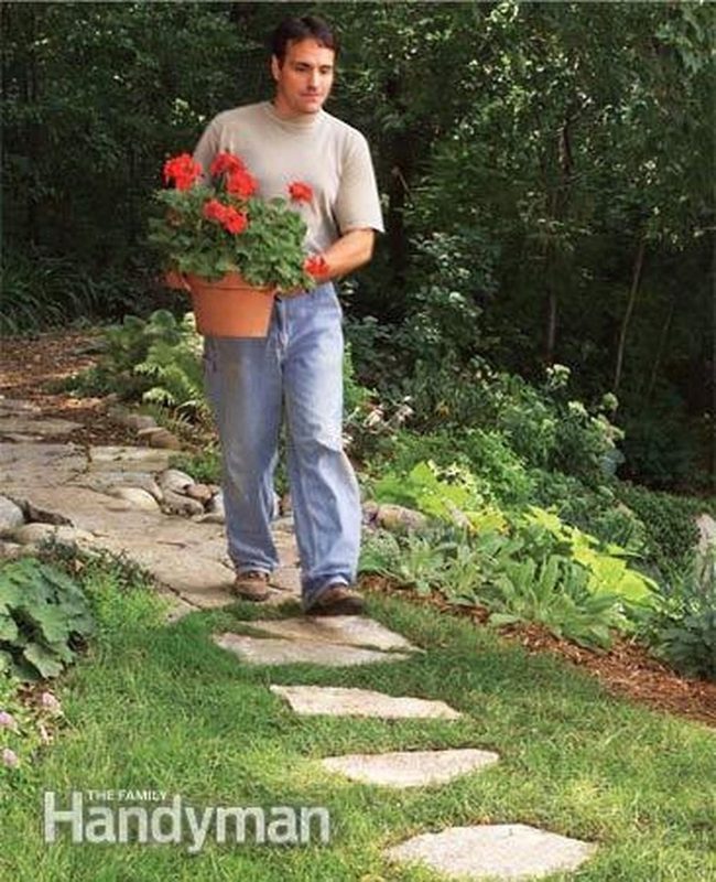 Red Flowers Through Stone Paths