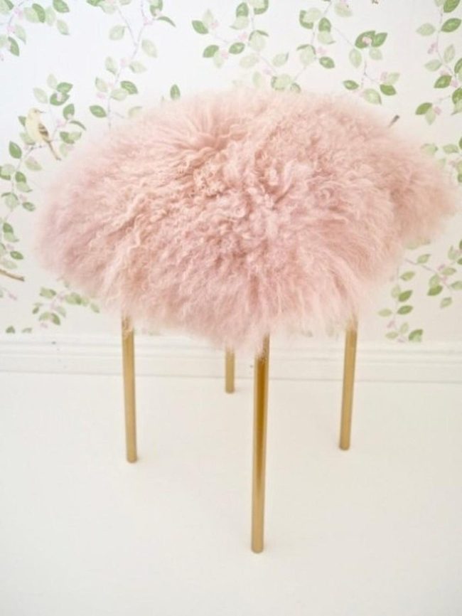 Pink Fuzzy Gold Stool