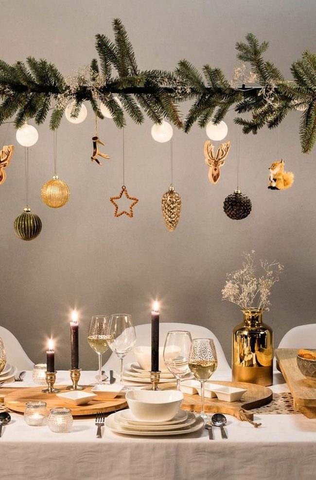 Green Pine Table With Candlelit Gold