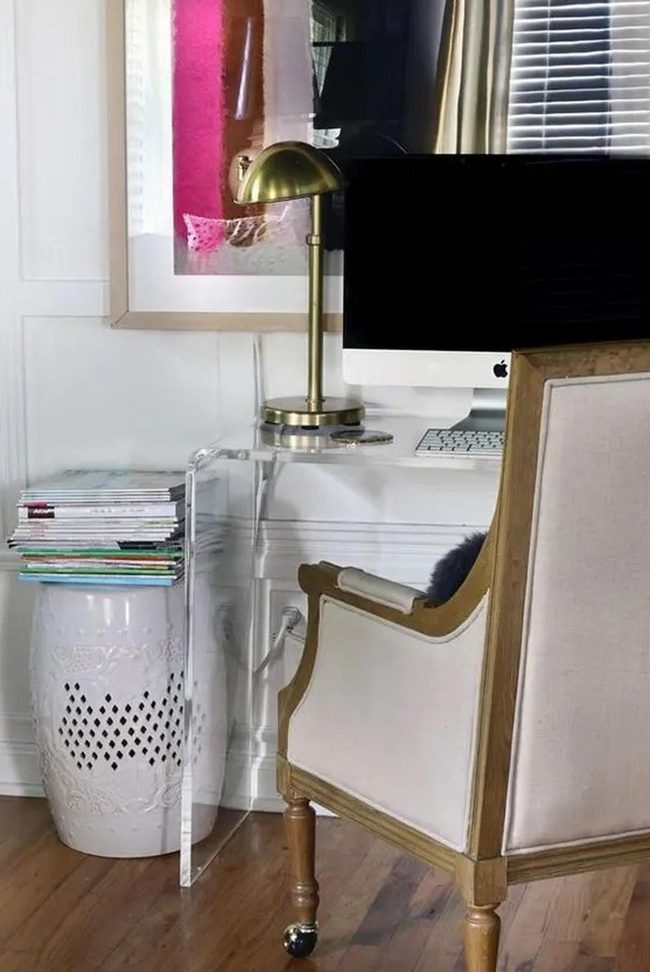 Gold-Lit Glass Desk Workspace
