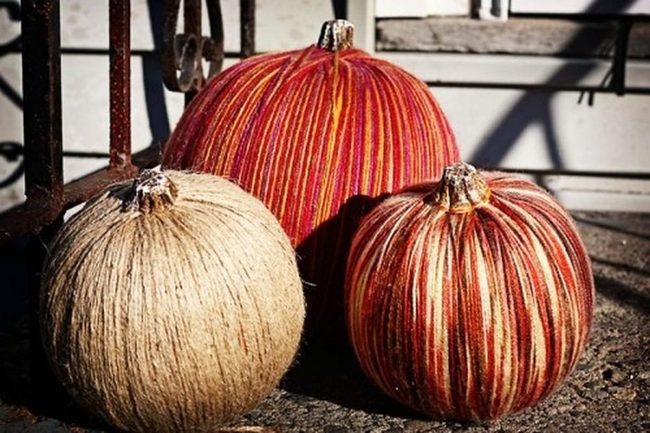 Yarn-Wrapped Pumpkins In Autumn Colors