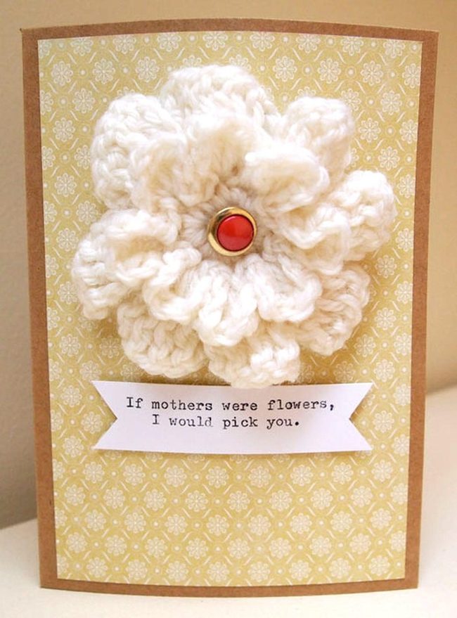 White Yarn Flower With Red Button Details